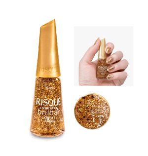 Esmalte Risqué Livre para Brilhar Glitter Dourado Chega e Arrasa